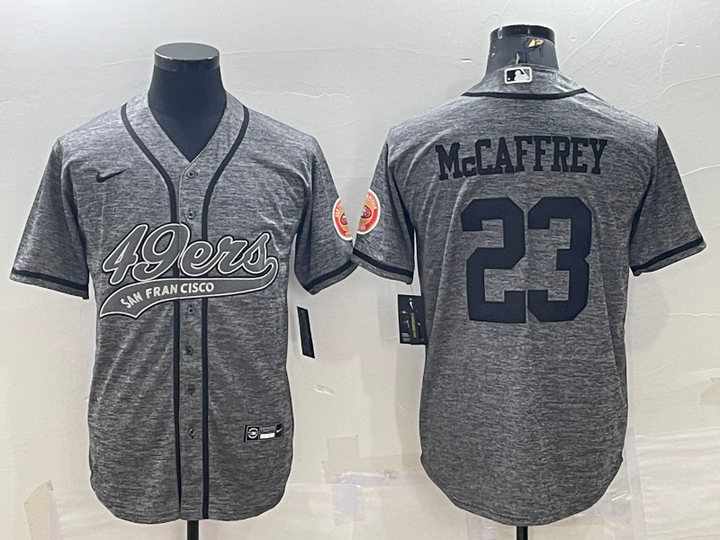 Men's Grey San Francisco 49ers #23 Christian McCaffrey With Patch Cool Base Stitched Baseball Jersey